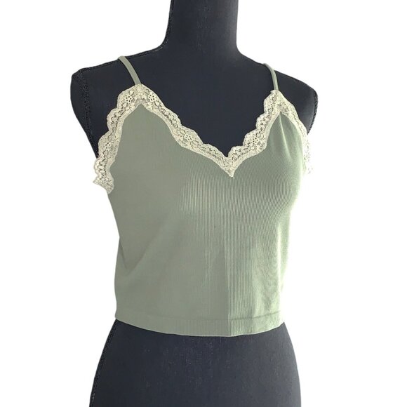 Wild Fable Junior Green Lace Trim Ribbed Crop Top With Adjustable Strap Size XXL - Picture 3 of 12